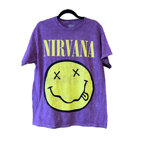 NWOT Nirvana Women's FLAW Inverse Smiley Face T-Shirt Short Sleeve Purple Size L - Picture 1 of 7